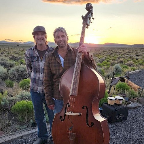 StringBenders bluegrass duo performing upright bass and guitar at Live Music Fridays Riverhouse Lodge Bend Oregon.