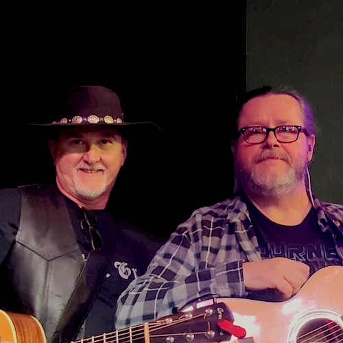 Dark and Grey performing rock and acoustic guitar music live at Currents Restaurant during Live Music Friday at Riverhouse Lodge Bend Oregon.