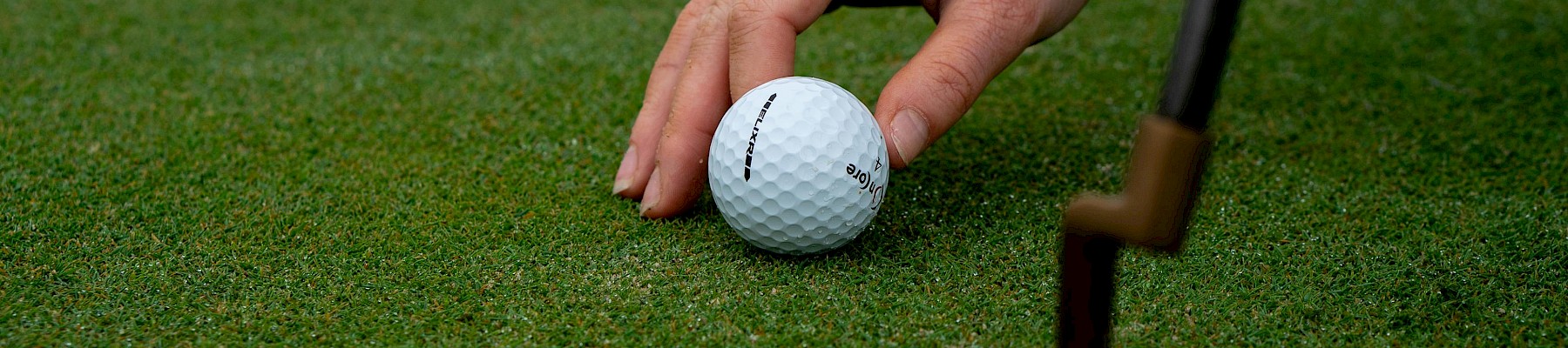 A person prepares to putt with a golf ball on a green, holding the ball, close to a golf club, on a well-maintained golf course surface.