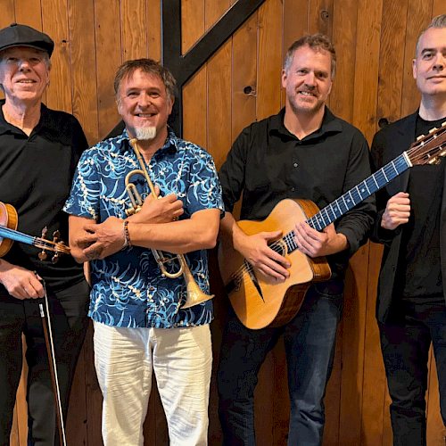 Experience gypsy jazz during Beats & Bites Brunch at Currents. Riverfront dining, brunch cocktails and live music in Bend.