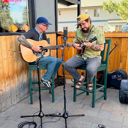 The Lava Butte Boys, a Central Oregon bluegrass duo featuring Maxx Lopez and Jordy Webb, performing traditional bluegrass music with guitar and harmony vocals.