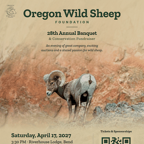 Oregon Wild Sheep Foundation's 28th Annual Banquet with auctions, raffles, dinner, and awards, supports wild sheep conservation, happening April 17, 2027.