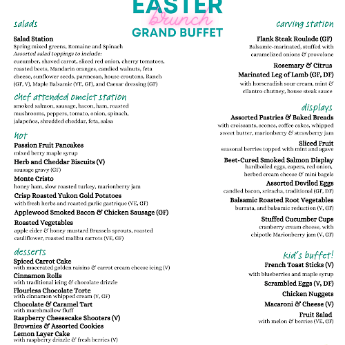 A festive Easter brunch buffet with salads, hot dishes, desserts, carving station, displays, and a kids' buffet.