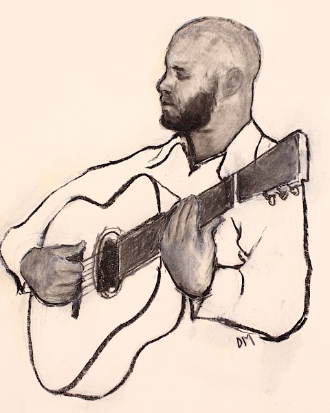 Illustrated portrait of a singer-songwriter playing finger-style acoustic guitar during a live music performance at Currents at Riverhouse Lodge in Bend, Oregon.
