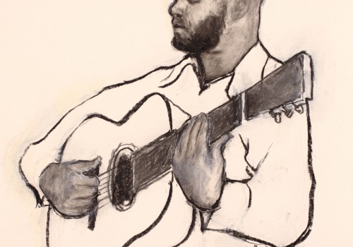 Illustrated portrait of a singer-songwriter playing finger-style acoustic guitar during a live music performance at Currents at Riverhouse Lodge in Bend, Oregon.