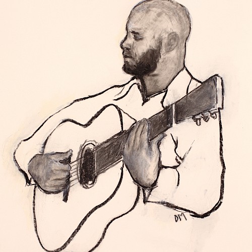 Illustrated portrait of a singer-songwriter playing finger-style acoustic guitar during a live music performance at Currents at Riverhouse Lodge in Bend, Oregon.