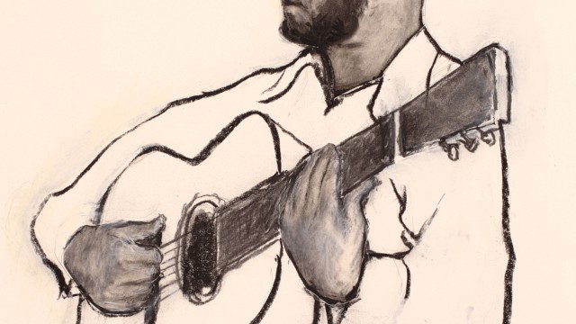 Illustrated portrait of a singer-songwriter playing finger-style acoustic guitar during a live music performance at Currents at Riverhouse Lodge in Bend, Oregon.