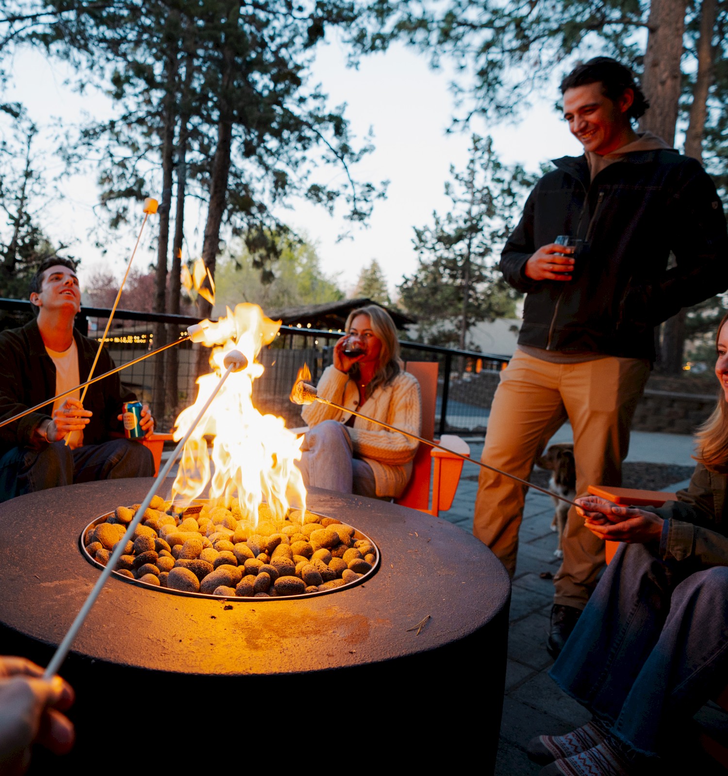 Friends gather around a fire pit roasting marshmallows, enjoying drinks and conversation in an outdoor setting with trees and fencing.