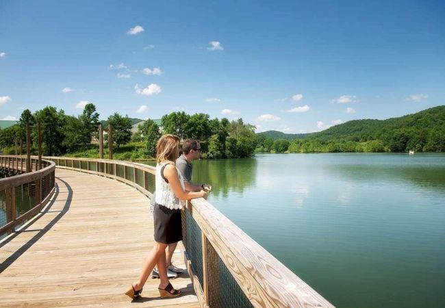 A couple stands on a wooden boardwalk overlooking a serene lake, surrounded by lush green hills under a clear blue sky with scattered clouds.