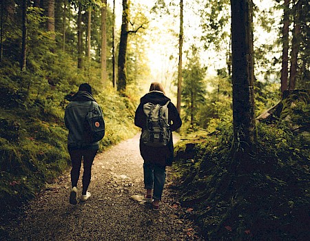 Two people with backpacks walk along a shaded forest trail during daytime.