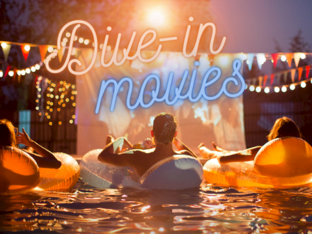 People in inflatable tubes in a pool watching a movie at Riverhouse Lodge in Bend Oregon nightly from 6-8pm. The sign reads 
