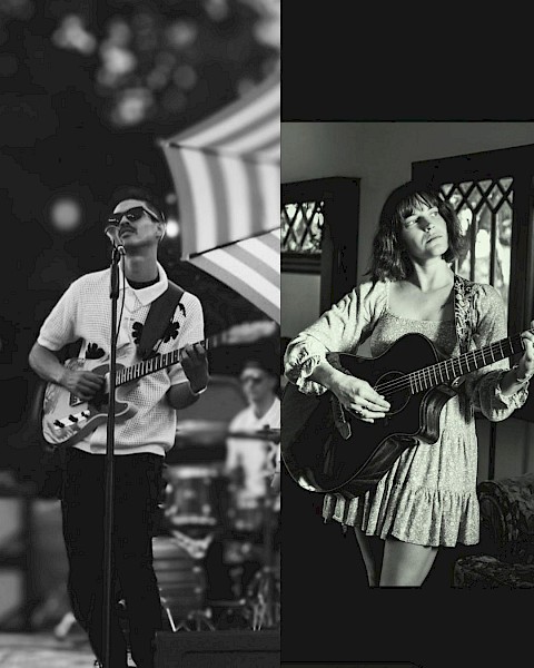 Two musicians, one playing guitar on stage and the other indoors with guitar, both in black and white, capturing different musical moments.