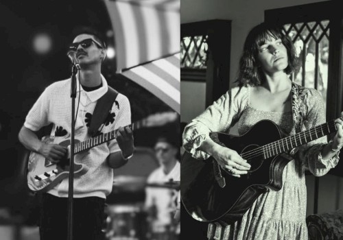 Two musicians, one playing guitar on stage and the other indoors with guitar, both in black and white, capturing different musical moments.