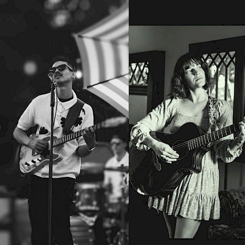 Two musicians, one playing guitar on stage and the other indoors with guitar, both in black and white, capturing different musical moments.