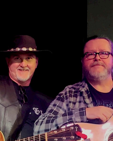 Dark and Grey performing rock and acoustic guitar music live at Currents Restaurant during Live Music Friday at Riverhouse Lodge Bend Oregon.