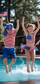 Three children are jumping into a pool, wearing patriotic American flag-themed outfits and celebrating outdoors.