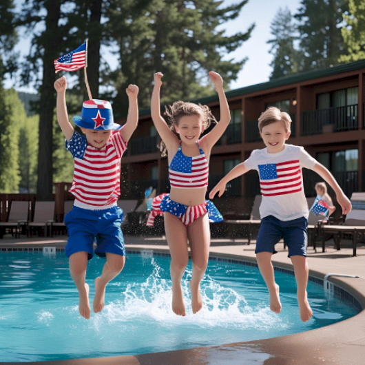 Three children are jumping into a pool, wearing patriotic American flag-themed outfits and celebrating outdoors.