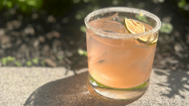 Prickly Pear Margarita with tequila blanco, lime, and black lava salt served at Currents Restaurant & Lounge during Margarita Week at Riverhouse Lodge in Bend, Oregon.