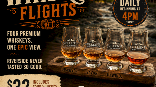An advertisement for daily whiskey tastings at Currents at the Riverhouse in Bend, Oregon, featuring four premium whiskeys for $32.
