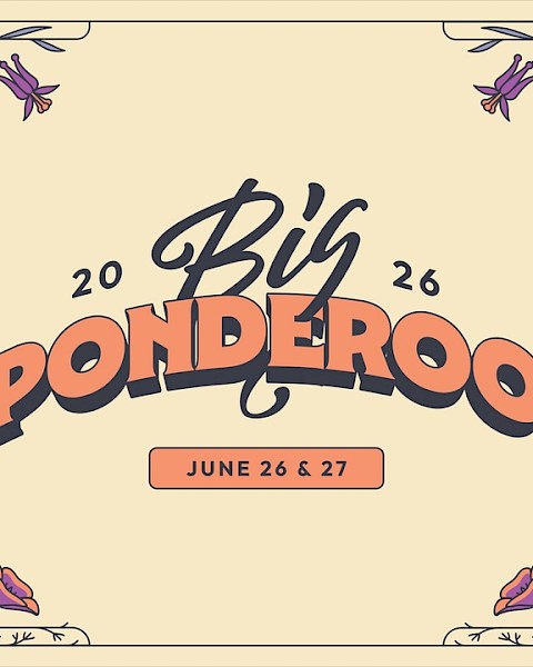 The image advertises the Big Ponderoo event held on June 26 and 27, 2026, with decorative floral and butterfly accents around the border.