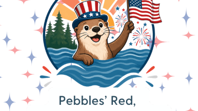 A cheerful otter celebrates Independence Day, holding an American flag with fireworks and a patriotic backdrop.