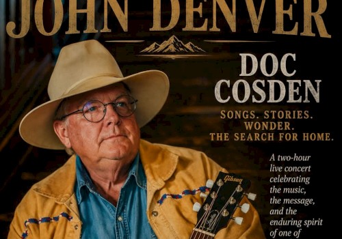 Musician Doc Cosden seated with an acoustic guitar wearing a tan cowboy hat promoting an evening celebrating the music of John Denver.