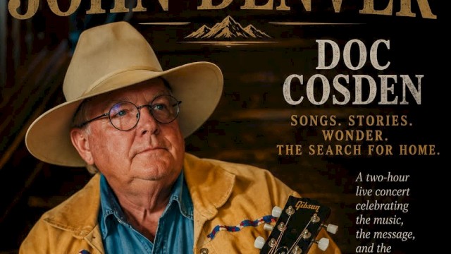 Musician Doc Cosden seated with an acoustic guitar wearing a tan cowboy hat promoting an evening celebrating the music of John Denver.