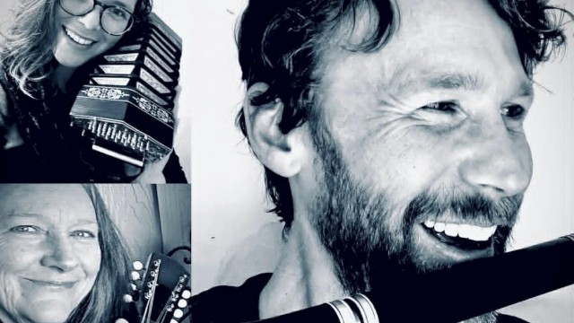Family trio Dingle All The Way performing Irish traditional music with accordion, guitar and flute at Currents at Riverhouse October 18 in Bend, Oregon