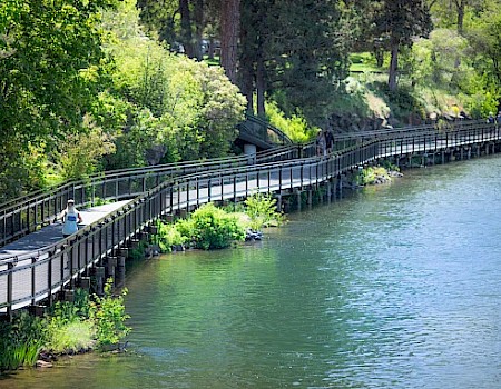 A wooden walkway runs along a green lakeshore with trees and bushes, with people walking and enjoying a scenic outdoor day.