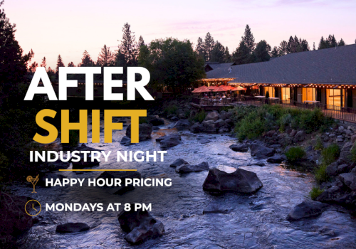 The image promotes an industry night event with happy hour pricing every Monday at 8 PM, set against a scenic riverside view with a wooden building.