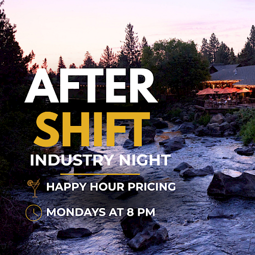 The image promotes an industry night event with happy hour pricing every Monday at 8 PM, set against a scenic riverside view with a wooden building.