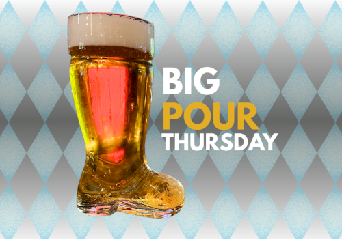 A beer glass shaped like a boot with a foamy head, set against a patterned background, promoting 