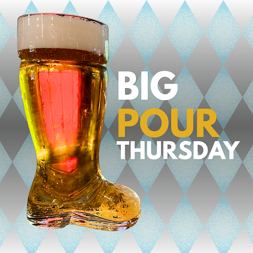A beer glass shaped like a boot with a foamy head, set against a patterned background, promoting 