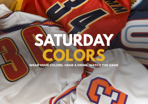 The image features a collection of sports jerseys in red, white, and blue, promoting wearing colors to watch a game on Saturday.