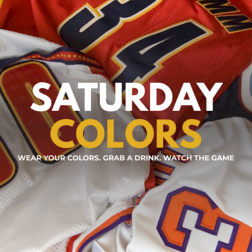 The image features a collection of sports jerseys in red, white, and blue, promoting wearing colors to watch a game on Saturday.