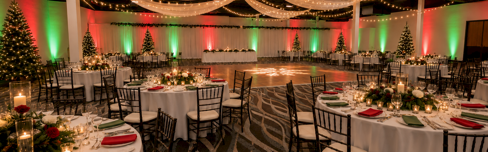 The image shows a decorated banquet hall for Christmas with elegant tables, Christmas trees, and festive lighting.