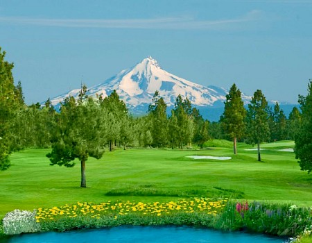 A picturesque golf course with a mountain and lush greenery in the background, featuring trees, a pond, and colorful flowers.