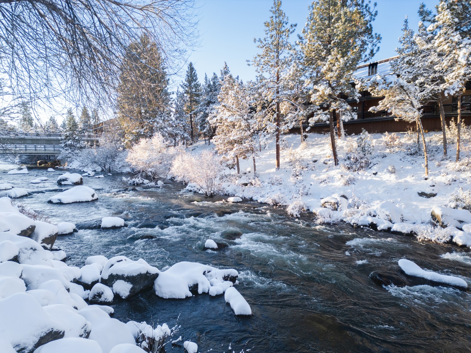 A snowy river scene with trees and rocks covered in snow, and a house or building in the background under a clear blue sky.