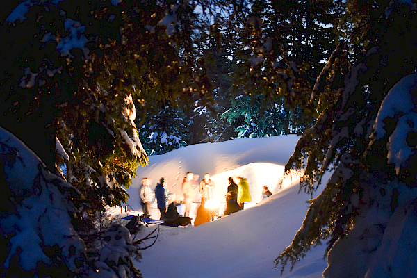 A group of people gathers around a campfire surrounded by snow and trees at night, creating a cozy and warm atmosphere.