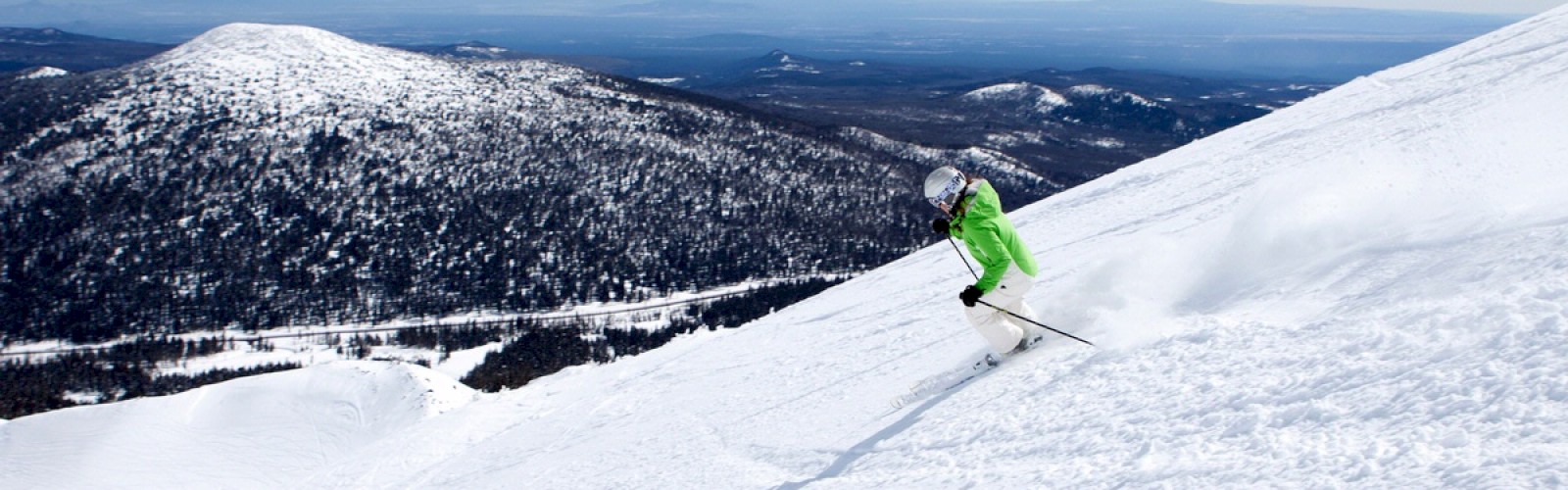 A skier in a bright green jacket descends a snowy slope with mountainous terrain and distant forests in the background.