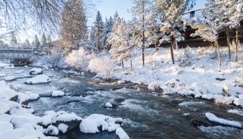 A snowy river scene with flowing water, surrounded by trees and a bridge in the background, under a clear blue sky.