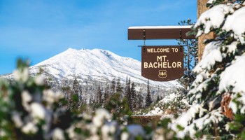 A snow-covered mountain landscape with a 