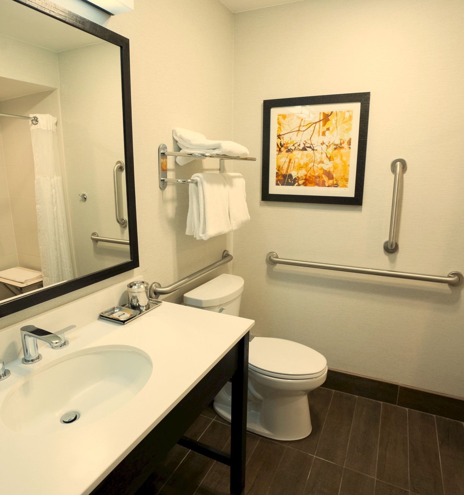 A bathroom with a sink, toilet, mirror, shower area, towel rack, handrails, and a framed picture on the wall .