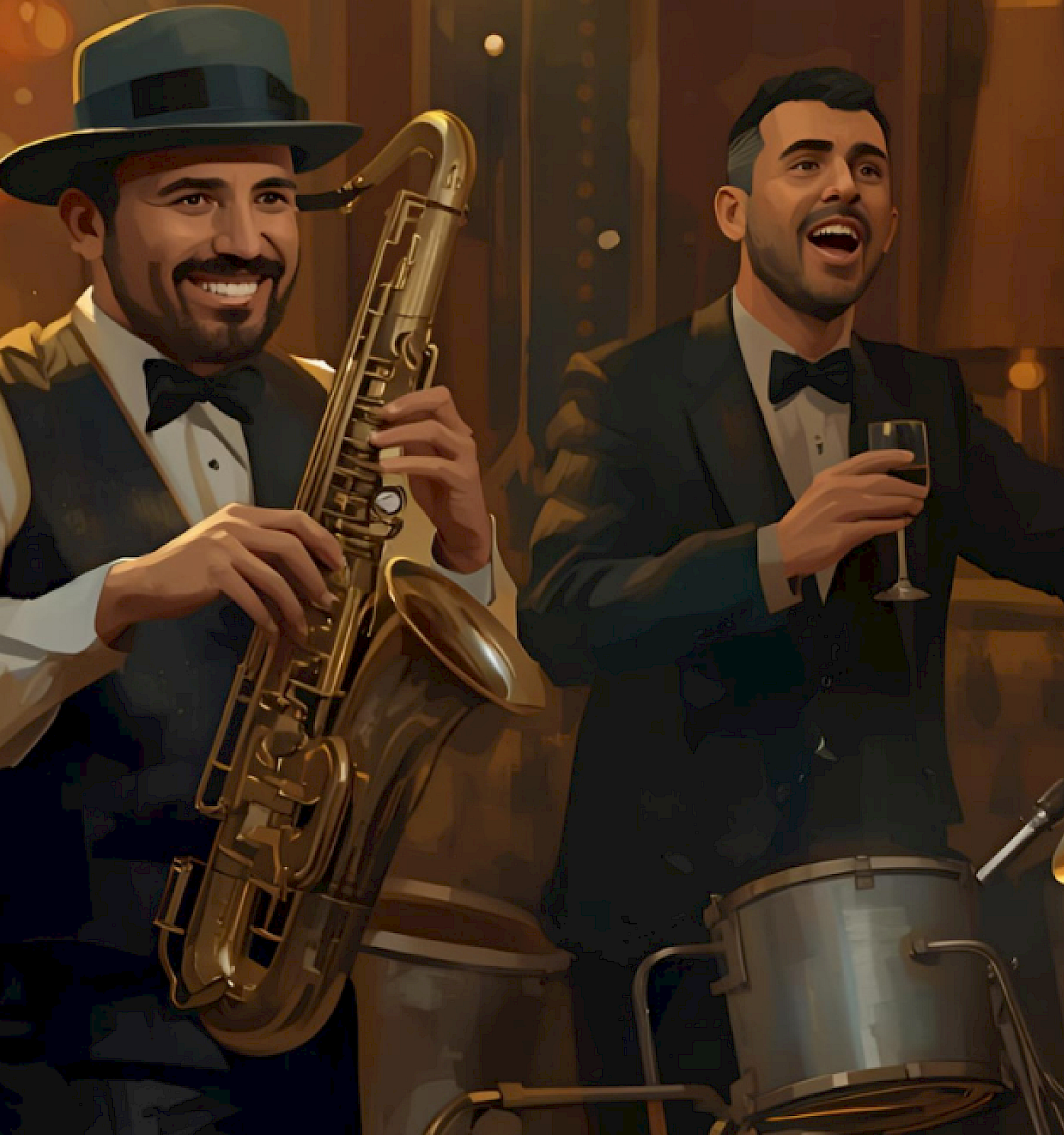 Three musicians in suits play saxophones and drums in a warm, festive club scene.