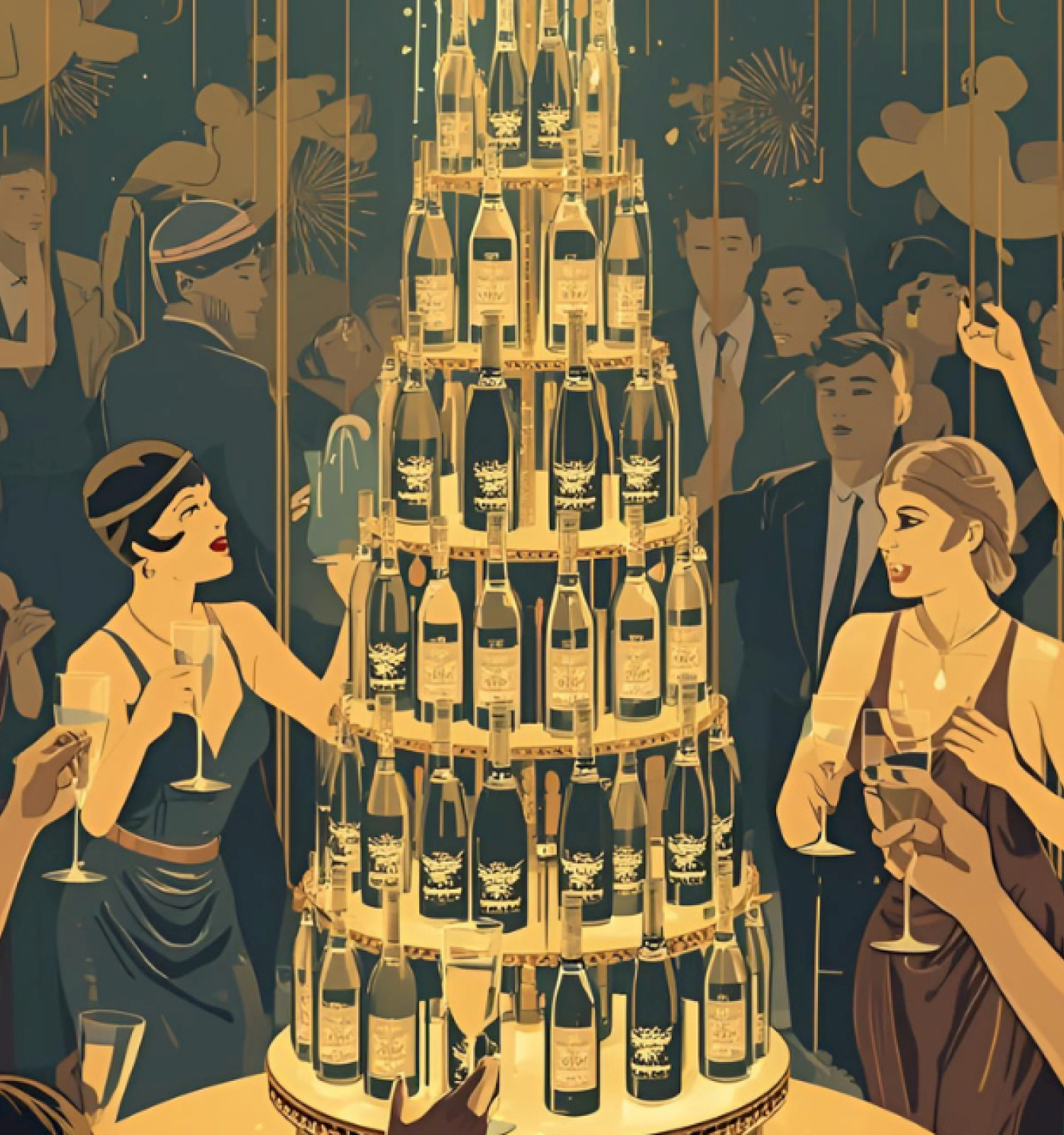 A lavish party scene with a towering pyramid of champagne bottles centerpiece, surrounded by guests toasting and admiring the display.