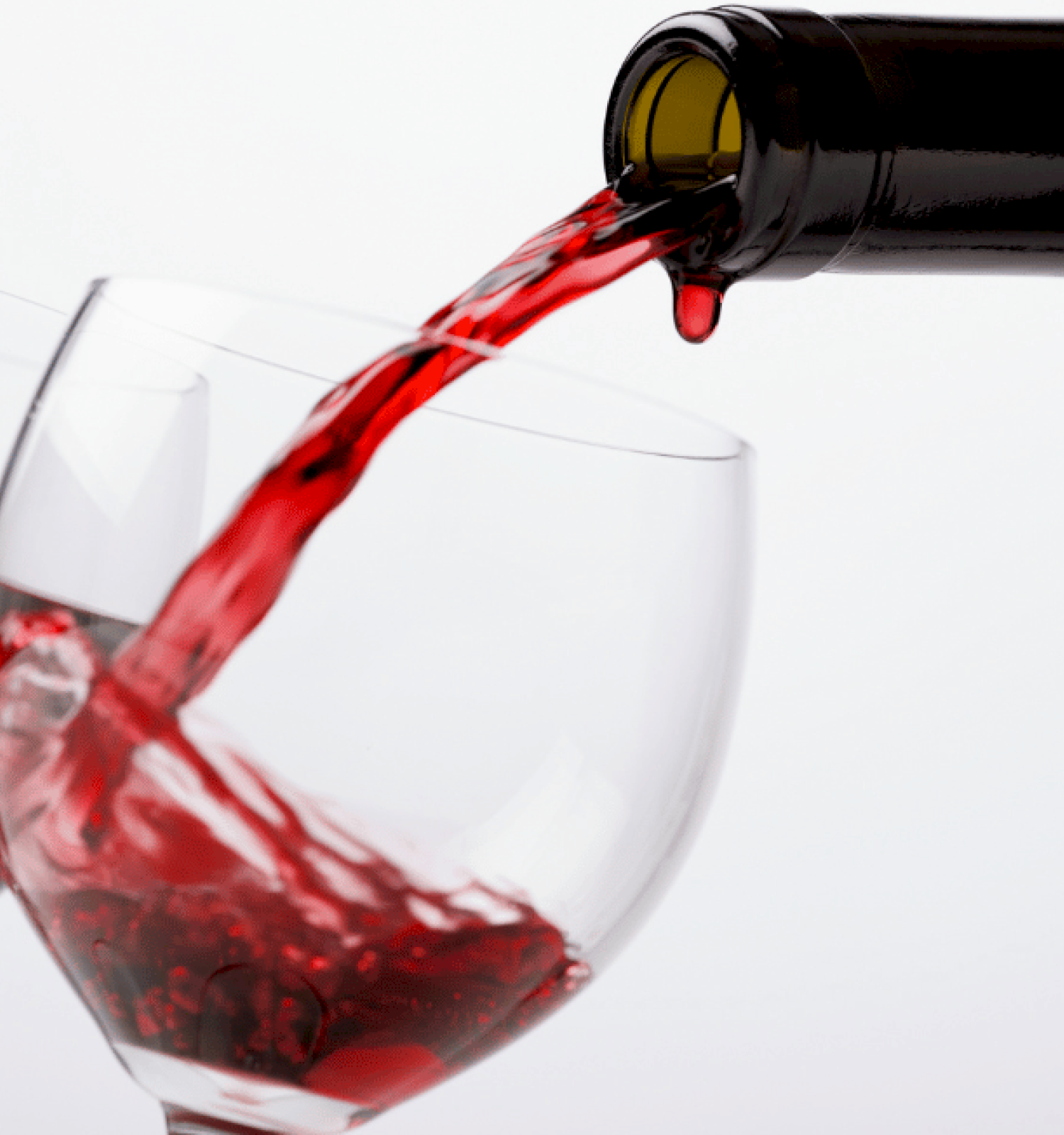 Red wine is being poured from a bottle into two glasses against a plain background.