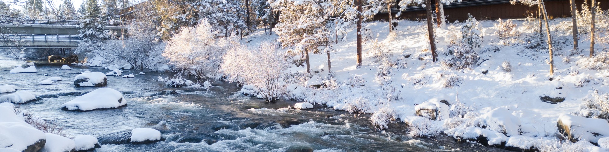 A snowy river scene with flowing water, rocks, and trees covered in snow. A bridge and cabin are visible in the background.