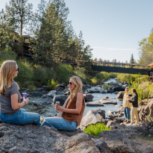 Two people sit on rocks by a stream, chatting and holding drinks. Two more people stand in the background near a wooden bridge.