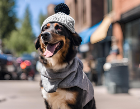 A dog is happily sitting on a street wearing a gray knit hat and matching scarf, with people and shops in the background.