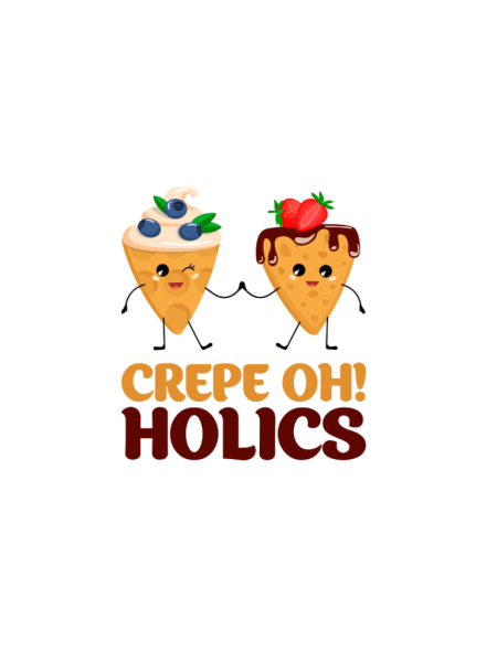 The image shows two cartoon crepes holding hands. One has blueberries and cream, and the other has strawberries and chocolate. Text below reads 
